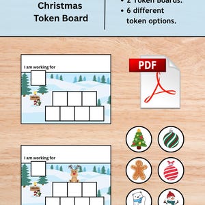 Op de afbeelding: Een digitale PDF met een Winter & Kerst Token Board. Het bord bevat twee token boards en zes verschillende token opties. De borden hebben een winterse scène met een pinguïn en een rendier.