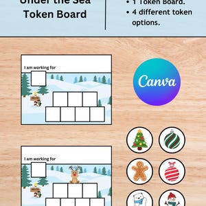 Op de afbeelding: Een tokenbord met de tekst "Under the Sea Token Board" en de tekst "I am working for". Bevat 4 tokenopties met kerstthema-afbeeldingen. Het Canva-logo is ook zichtbaar.