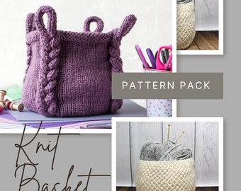 Knitting Pattern ~ Knit Basket Pattern Pack ~ Braided Basket Knit Pattern ~ Textured Basket Knit Pattern ~ Basket Knit Pattern Bundle