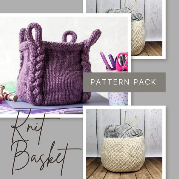 Knitting Pattern ~ Knit Basket Pattern Pack ~ Braided Basket Knit Pattern ~ Textured Basket Knit Pattern ~ Basket Knit Pattern Bundle