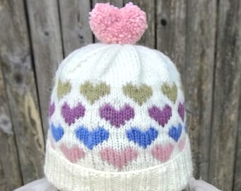 Knitting Pattern ~ Hearts Around Beanie ~ Heart Fair Isle Beanie Knit Pattern ~ All Ages Fair Isle Beanie Pattern ~ Heart Pom Pom