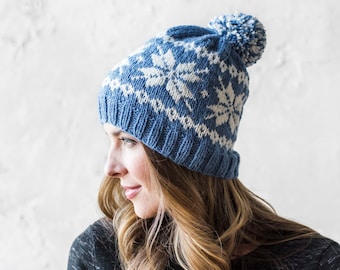 Knitting Pattern ~ Knit Frozen Snowflakes Beanie Fair Isle Snowflake Knit Beanie Pattern ~ Winter Knit Gift Pattern