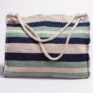 May include: A striped knitted tote bag with beige, blue, and green stripes. The bag has a thick, beige knitted strap.