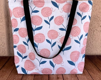 Floral Yarn Project Tote ~ Gift for Knitter ~ Gift for Crocheter ~ Gift for Yarn Lover ~ Yarn Ball Flowers Bag ~ Crochet Tote ~ Knit Tote