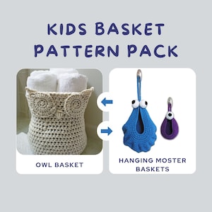Può includere: Un pacchetto di schemi a uncinetto per realizzare cestini per bambini. Il pacchetto include schemi per un cestino a forma di gufo e due cestini mostro appesi. Il cestino gufo è beige e contiene un asciugamano bianco all'interno. I cestini mostro appesi sono blu e viola.