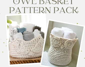 May include: Two crocheted owl-shaped baskets, one with a round base and the other with a more traditional basket shape. Both baskets are beige and feature a crocheted owl face with large eyes.
