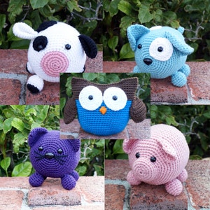 Crochet Patterns ~ Roly Poly Pattern Pack ~ Amigurumi Animal Family ~ Instant Download PDF ~ Cow ~ Owl ~ Dog ~ Cat ~ Pig
