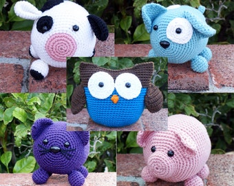 Crochet Patterns ~ Roly Poly Pattern Pack ~ Amigurumi Animal Family ~ Instant Download PDF ~ Cow ~ Owl ~ Dog ~ Cat ~ Pig