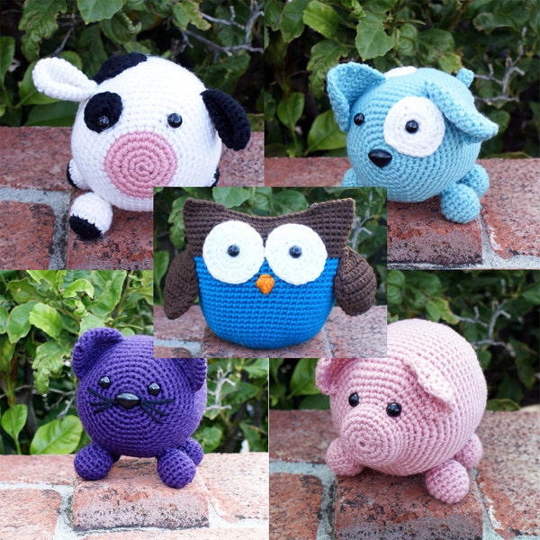 Haakpatronen ~ Roly Poly Pattern Pack ~ Amigurumi Dierenfamilie ~ Instant Download PDF ~ Koe ~ Uil ~ Hond ~ Kat ~ Varken