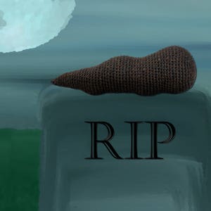 May include: A brown crocheted object shaped like a worm lying on a blue and green textured surface with the word "RIP" written in black.