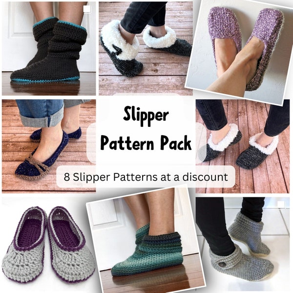 8 Crochet Slipper Pattern Pack ~ 8 Women's Slipper Pattern Bundle ~ Crochet Pattern for Slippers