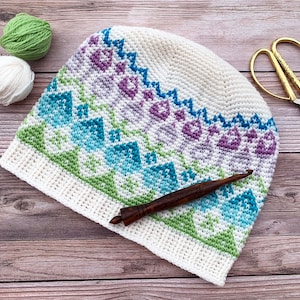 Crochet Pattern ~ Wildflower Beanie ~ Crochet Beanie Pattern with Fair Isle Detail ~ Multiple Sizes ~ Fair Isle Crochet Beanie Pattern
