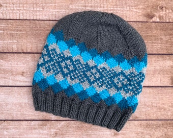 Knitting Pattern ~ Knit Waves Of Plaid Beanie ~ Fair Isle Beanie Knit Pattern ~ Multiple Sizes ~ Knit Winter Beanie Pattern ~ Cozy and Warm