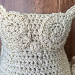 May include: A crocheted owl-shaped basket made of cream-colored yarn. The basket has a large opening and is perfect for storing small items.