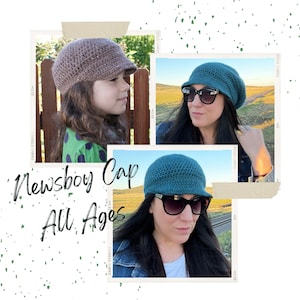 Crochet Pattern ~ Newsboy Cap ~ All Ages Beanie Crochet Pattern ~ Brimmed Beanie Crochet Pattern ~ Fitted or Slouchy Crochet Newsboy Cap