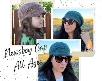 Crochet Pattern ~ Newsboy Cap ~ All Ages Beanie Crochet Pattern ~ Brimmed Beanie Crochet Pattern ~ Fitted or Slouchy Crochet Newsboy Cap