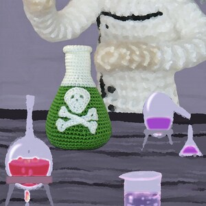 May include: A green crocheted poison bottle with a skull and crossbones design sits on a table with other glass beakers filled with purple and red liquids.