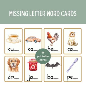 May include: Educational printable cards with watercolor illustrations. The cards feature images of a teacup, car, rooster, cat, dog, jar of jam, bat, and pen. Each card has a missing letter prompt. The text "MISSING LETTER WORD CARDS" is at the top.