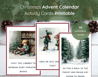 May include: Christmas Advent Calendar activity cards printable. The image shows three cards with watercolor illustrations and text. One card shows a child reading, another shows children making a snowman, and the last shows a forest scene. The cards are framed in red.