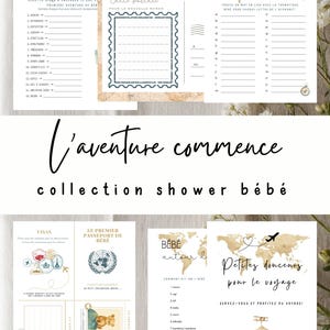Könnte beinhalten: Eine Sammlung von Babyparty-Spielen und Schreibwaren mit Reisethema. Die Designs zeigen Weltkarten, Flugzeuge und Pass-Elemente. Der Text enthält Sätze wie "Baby-Wörter" und "Das Abenteuer beginnt".