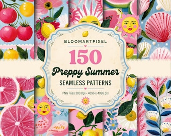 Ensemble de motifs sans couture Preppy Summer, motif floral et fruité côtier, pour la conception de tissus et la sublimation