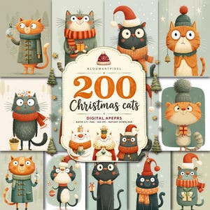 Può includere: Una collezione digitale di 200 gatti natalizi con varie illustrazioni di gatti arancioni, neri e bianchi che indossano cappelli e sciarpe invernali, che tengono regali o ornamenti, con il testo 200 Christmas cats DIGITAL APEPRS al centro.