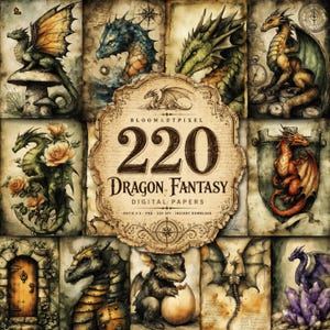 May include: A digital collection of 220 dragon fantasy papers featuring various illustrations of dragons, including winged dragons on mushrooms, dragon heads, dragons with roses, and dragons with eggs, centered around a decorative text label.