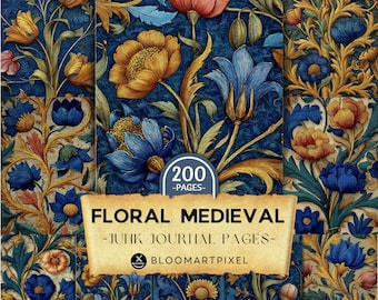 Páginas de diario de recortes medievales florales, papel botánico vintage para álbum de recortes (descarga digital)