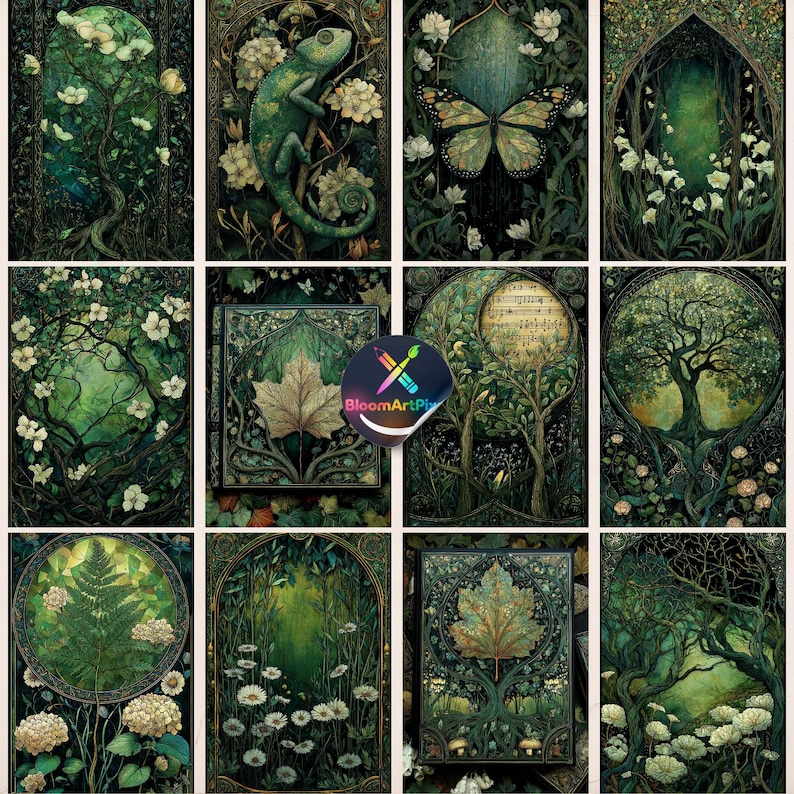 Botanical Celtic Junk Journal Pages, Green Shabby Forest Fantasy Paper ...