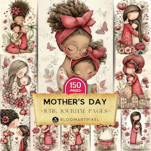 Puede incluir: Una colección de impresiones de arte digital que representan a madres e hijos en varias poses, con acentos florales y de mariposas. Las imágenes tienen un estilo suave de acuarela y una paleta de colores cálidos. Se muestra el texto "Mother's Day - Junk Journal Pages - 150 Pages".