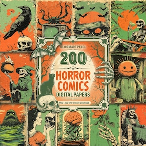 Può includere: Una collezione digitale di 200 carte digitali a tema fumetti horror con illustrazioni vintage di scheletri, teschi, corvi, pipistrelli, un cervello in un barattolo e una figura con testa di zucca, in una palette di colori arancione, verde e nero.