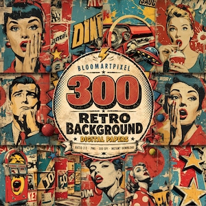 Puede incluir: Una colección digital de 300 papeles de fondo retro con ilustraciones pop art de personas, coches antiguos, gramolas y estrellas. El emblema circular central muestra el texto BLOOMARTPIXEL 300 RETRO BACKGROUND DIGITAL PAPERS.