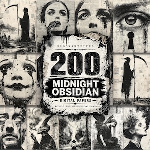May include: A digital collection of 200 Midnight Obsidian papers featuring black and white gothic illustrations, including a grim reaper, human faces, eyes, a keyhole, and dark landscapes, all layered over vintage newspaper text textures.