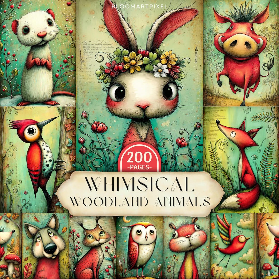 Whimsical Woodland Animals Clipart, Junk Journal Ephemera (digital ...
