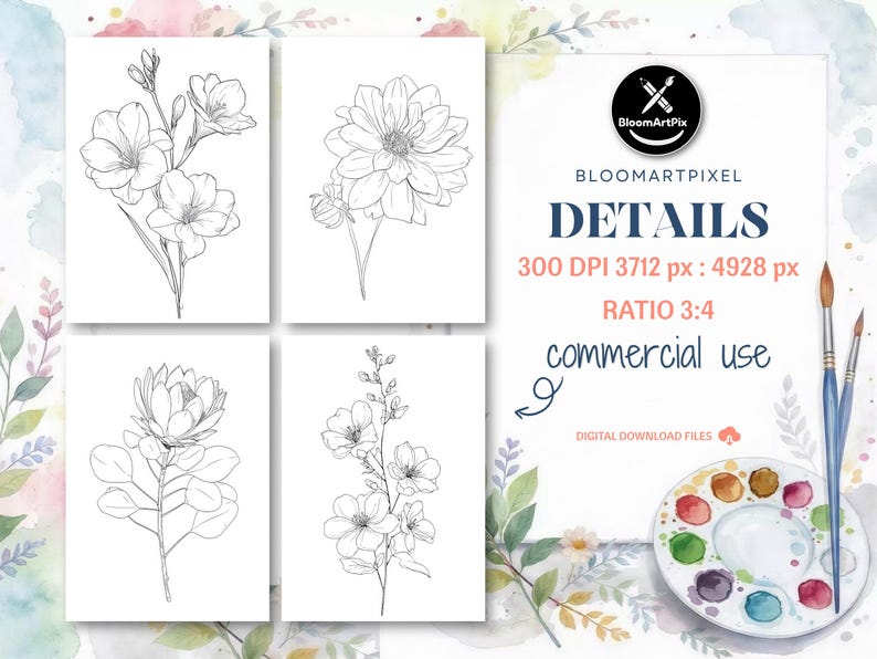 60+ Flower Outlines Adult Coloring Pages DIY Paint Art Kit Template (Digital Download) image 7