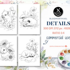 60+ Floral Baby Animal Coloring Pages, Outline Drawings, Printable Art (Digital Download) image 10