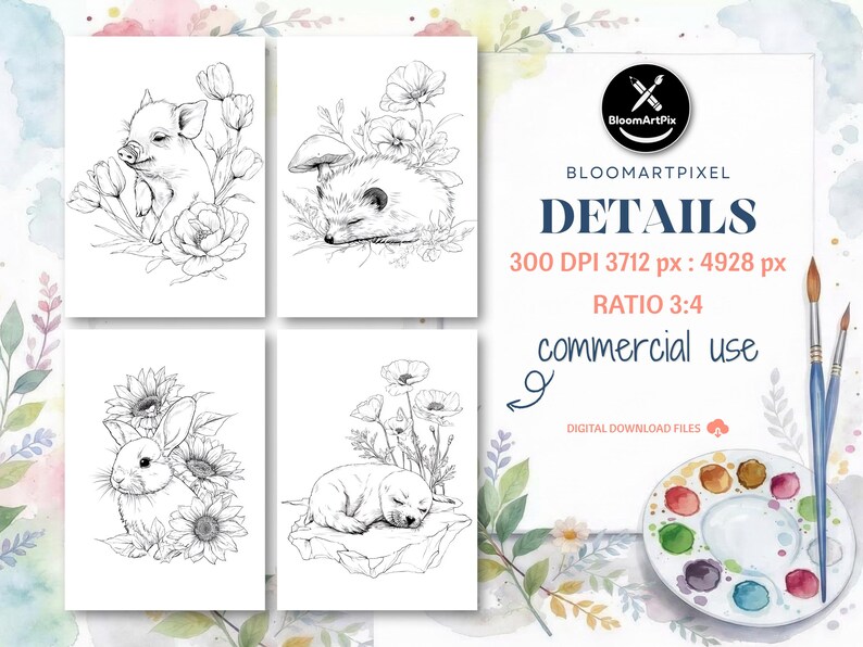60+ Floral Baby Animal Coloring Pages, Outline Drawings, Printable Art (Digital Download) image 10