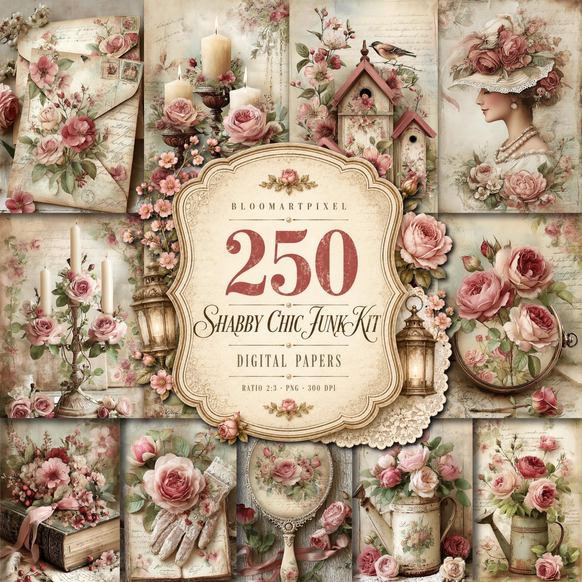Pages Shabby Chic Junk Journal Kit Pink Floral Vintage Ephemera ...