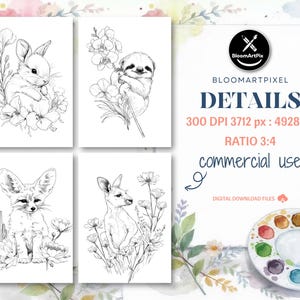 May include: Four black and white animal illustrations: a bunny, a sloth, a fennec fox, and a kangaroo, each surrounded by flowers. The image also includes a watercolor palette, paintbrushes, and text that reads "BloomArtPix DETAILS 300 DPI 3712 px : 4928 px RATIO 3:4 commercial use".