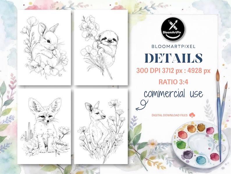 May include: Four black and white animal illustrations: a bunny, a sloth, a fennec fox, and a kangaroo, each surrounded by flowers. The image also includes a watercolor palette, paintbrushes, and text that reads "BloomArtPix DETAILS 300 DPI 3712 px : 4928 px RATIO 3:4 commercial use".