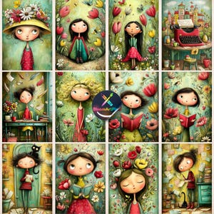 May include: A collection of twelve whimsical illustrations featuring wide-eyed characters in various settings, including floral gardens, cozy rooms, and desks with typewriters, all rendered in a soft, painterly style with vibrant colors.