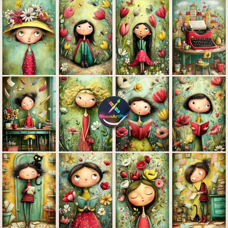 May include: A collection of twelve whimsical illustrations featuring wide-eyed characters in various settings, including floral gardens, cozy rooms, and desks with typewriters, all rendered in a soft, painterly style with vibrant colors.