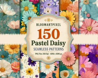 Ensemble de motifs sans couture Pastel Daisy, pack de papiers numériques floraux preppy printaniers, pour la conception de tissus et la sublimation