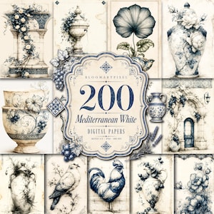 May include: A collection of digital papers featuring blue and white illustrations of Mediterranean architecture, floral arrangements, vases, a rooster, and a bird. The central label displays the text BLOOMARTPIXEL 200 Mediterranean White DIGITAL PAPERS.