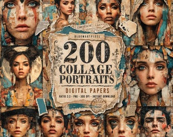 May include: A digital collection of 200 collage portraits featuring diverse faces layered with textured paper, vintage typography, and artistic elements. The central text reads BLOOMARTPIXEL 200 COLLAGE PORTRAITS DIGITAL PAPERS RATIO 2:3 PNG 300 DPI INSTANT DOWNLOAD.