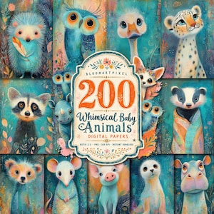 Puede incluir: Una colección digital de 200 animales bebés caprichosos que incluye un erizo, búho, avestruz, leopardo, mapache, rinoceronte, zorro, tejón, ratón, cerdo, foca e hipopótamo con una etiqueta central que dice 200 Whimsical Baby Animals.