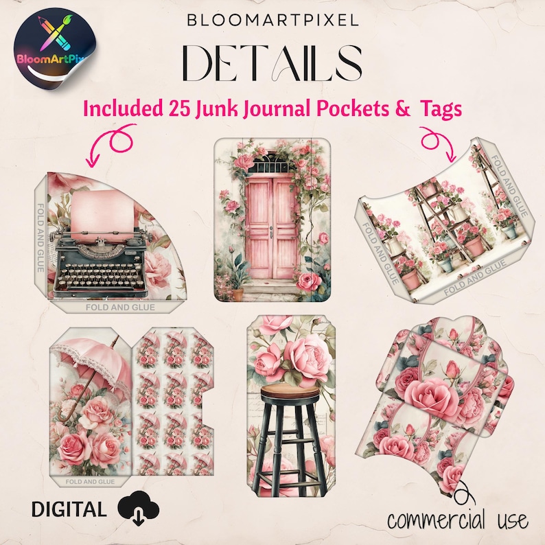 Shabby Rose Junk Journal Kit Vintage Floral Ephemera (digital Download ...
