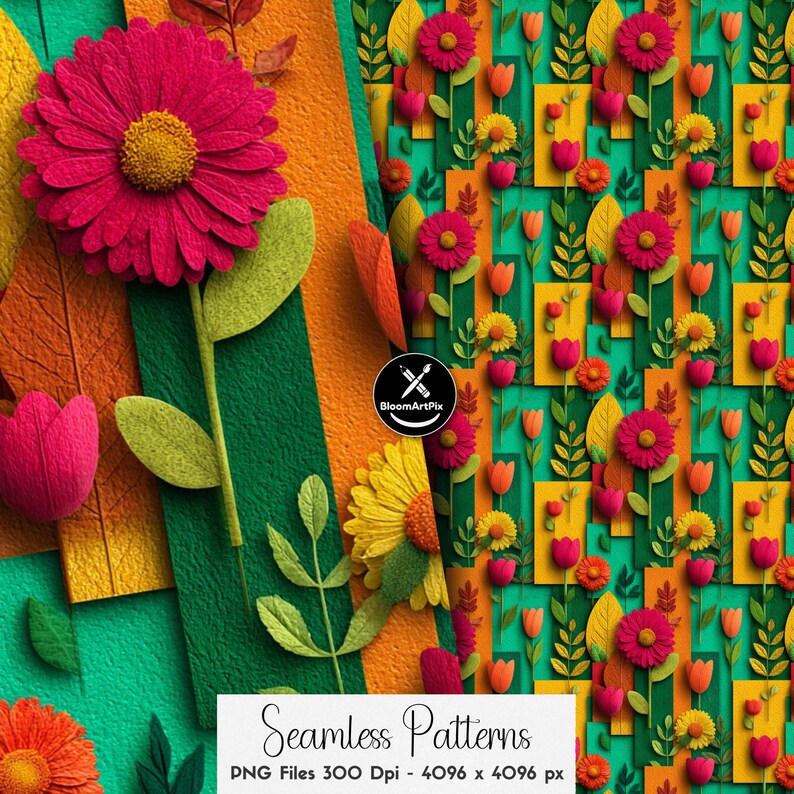 Ensemble de motifs floraux patchwork sans couture, motif répétitif de courtepointe florale colorée, pour la conception de tissus et la sublimation image 9