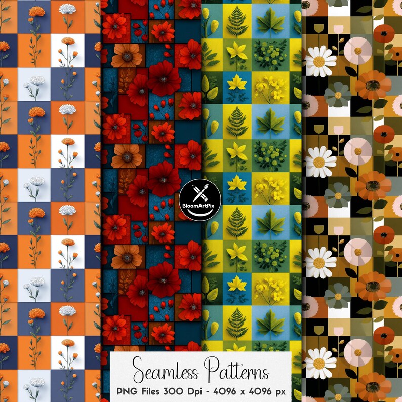 Ensemble de motifs floraux patchwork sans couture, motif répétitif de courtepointe florale colorée, pour la conception de tissus et la sublimation image 15