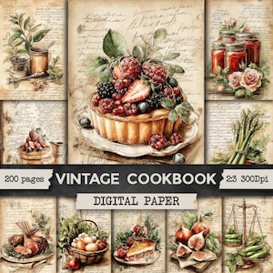 Può includere: Una collezione di carta digitale intitolata VINTAGE COOKBOOK con 200 pagine a 300DPI. Il collage mostra illustrazioni di una crostata ai frutti di bosco, barattoli con conserve rosse, asparagi, un cesto di uova, carne e bilance su carta invecchiata.